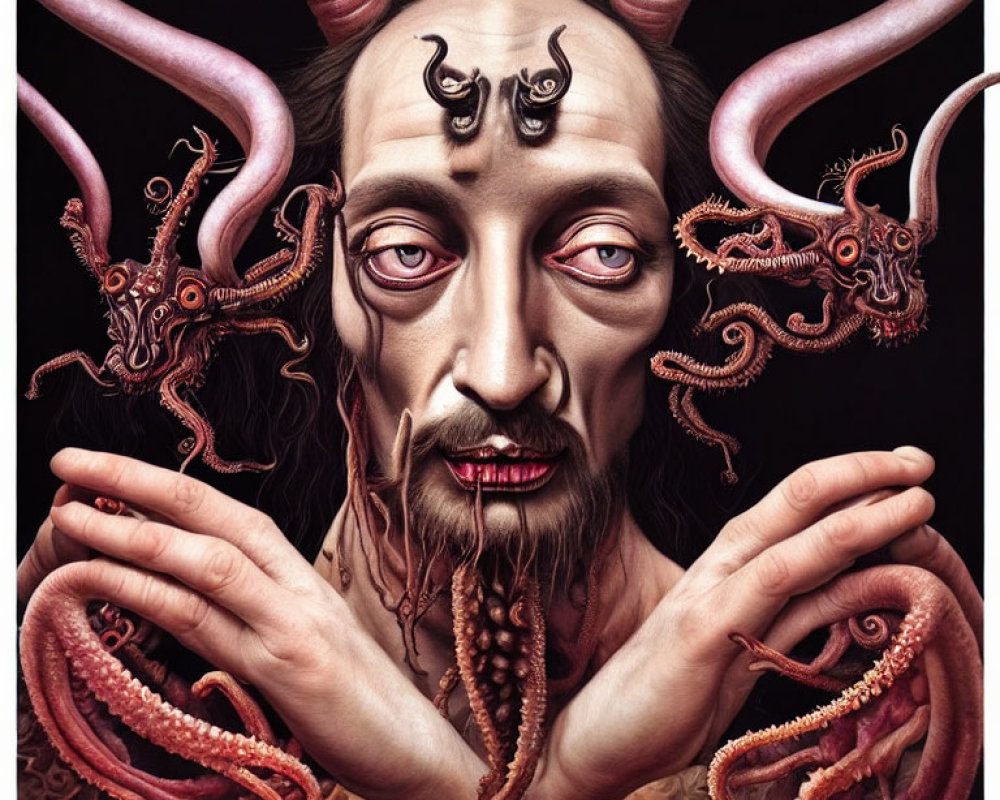 Surreal artwork: Person with serene expression, flanked by horned creatures with tentacles on