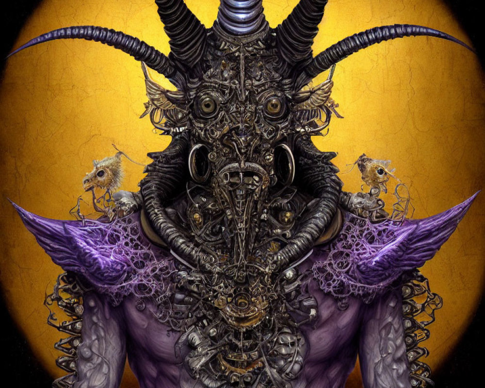 Symmetrical surreal creature with horns and purple accents on golden background