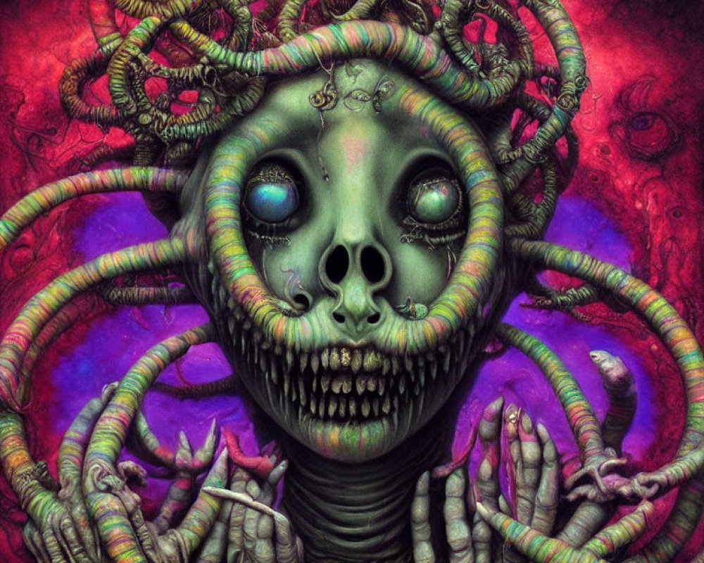 Colorful surreal skull illustration with vibrant tendrils on nebulous background