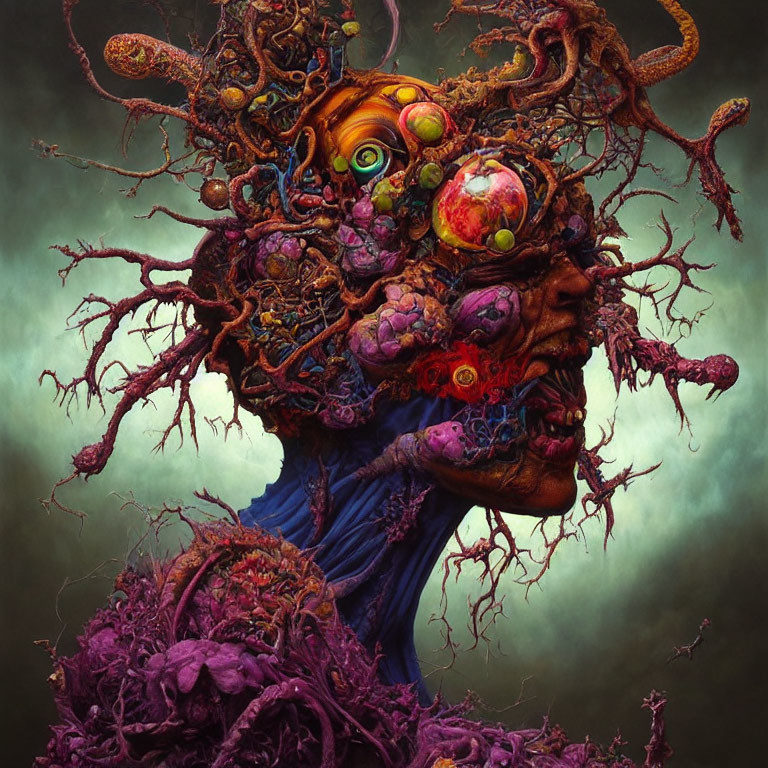 Colorful surreal artwork: face intertwined with tree roots, fantastical flowers, multiple eyes.