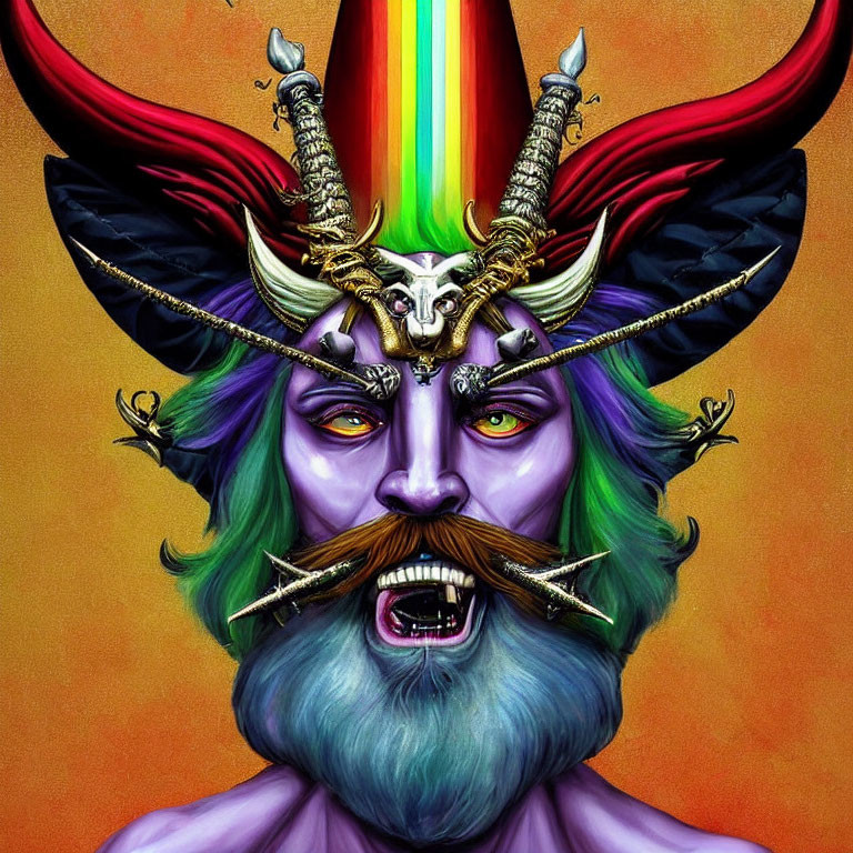 Colorful fantasy character with multicolored beard, horns, and rainbow headdress.
