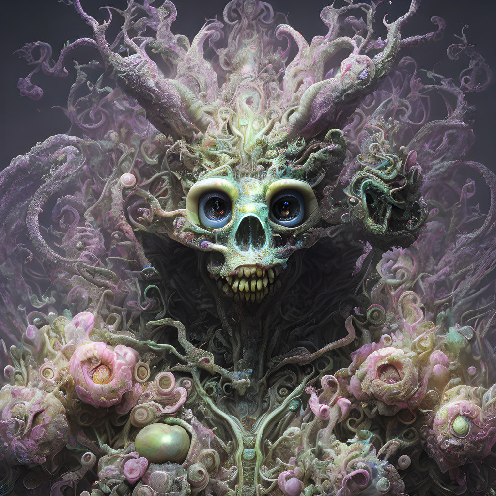 Intricate skull-faced creature with organic shapes and pastel flora