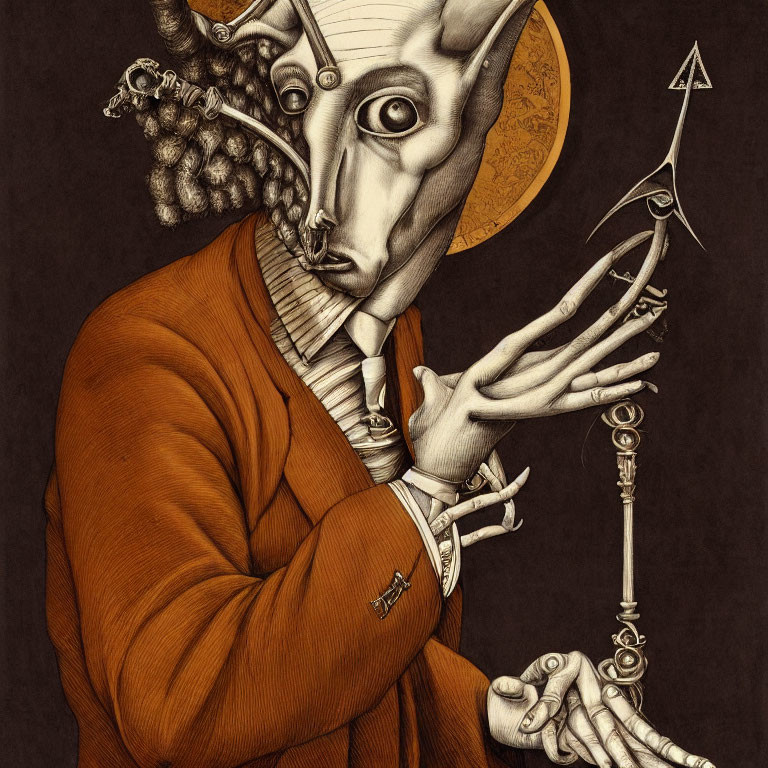 Anthropomorphic Goat-Headed Figure in Orange Jacket with Key and Moon Symbols