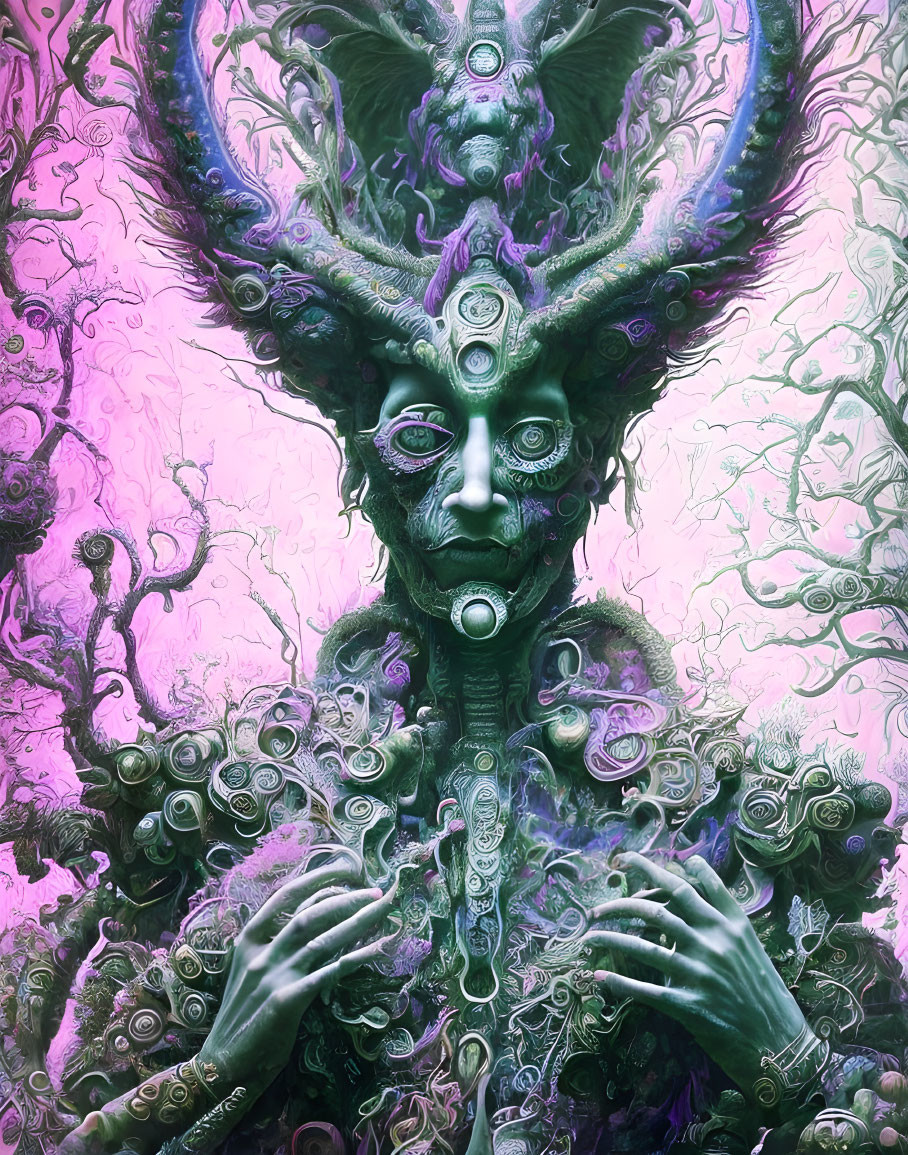 Purple fantastical creature with multiple eyes and elaborate horns on swirling backdrop