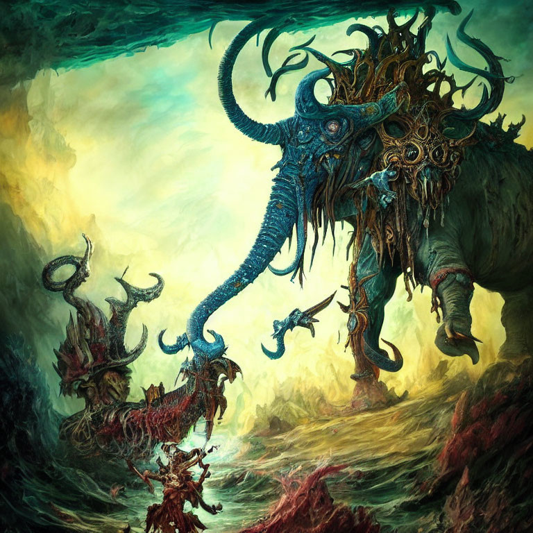 Colossal tentacled creature in otherworldly landscape