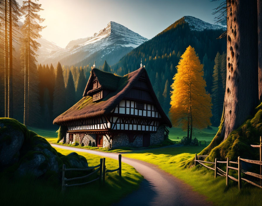 Tranquil landscape with half-timbered house in forest setting