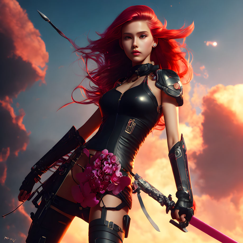 Warrior woman digital artwork: red hair, black armor, pink sword, dramatic sky