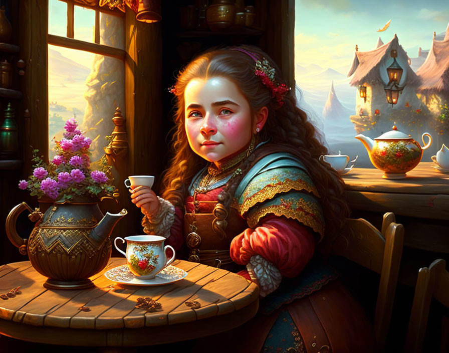 Dwarven girl drinking tea in tavern