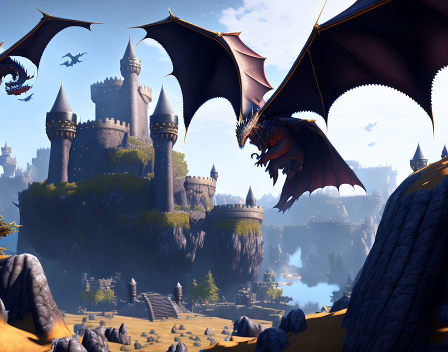 Dragon flying over mystical landscape with towering castle and scenic nature.