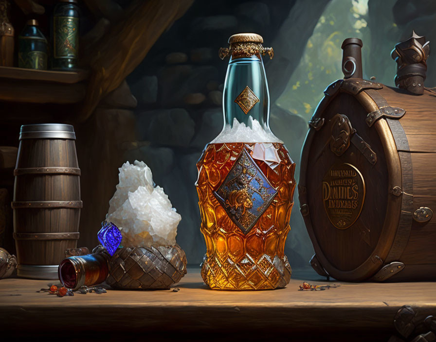Intricate fantasy-style potion bottle with wooden barrel, crystals, coins, and shield
