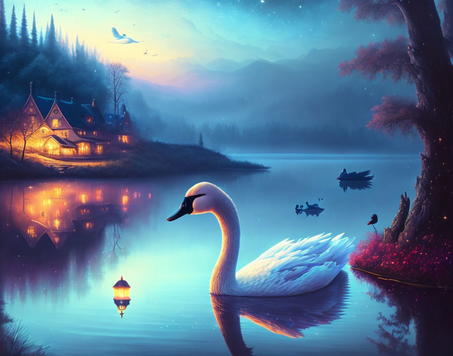 Tranquil twilight scene: lake, swan, house, trees, mountains, dusky sky