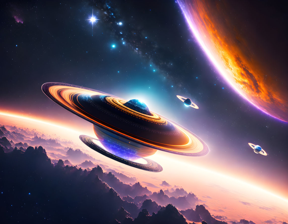 Vibrant cosmic scene with Saturn-like planets, illuminated rings, spacecraft, and nebulous horizon.