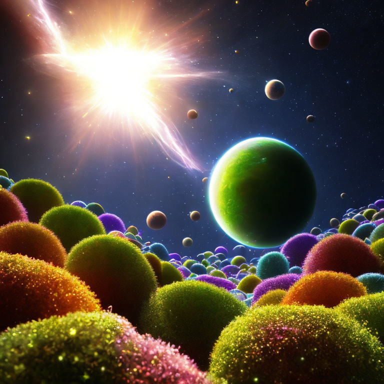 Colorful Cosmic Scene with Starburst and Textured Spheres