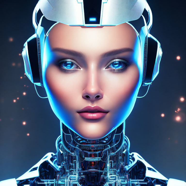 Detailed Photorealistic Female Android with Metallic Structure and Blue Glowing Elements
