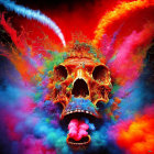 Colorful Psychedelic Skull with Butterfly Wings on Cosmic Background
