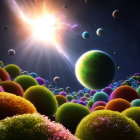 Colorful Cosmic Scene with Starburst and Textured Spheres