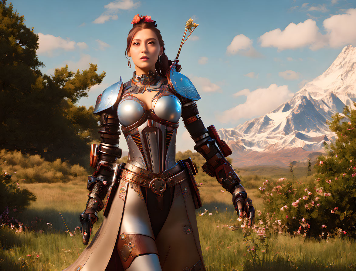 Female warrior in ornate armor in serene meadow with snowy mountain background