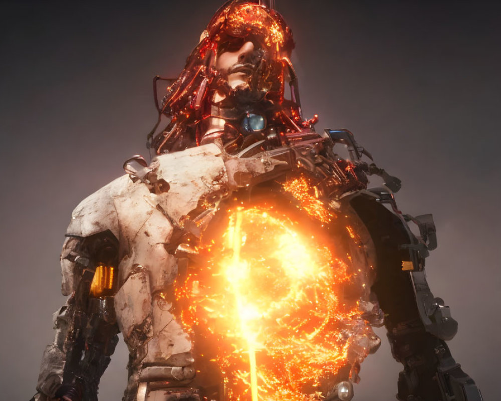 Futuristic female cyborg with red hair and glowing orange energy core on dark background