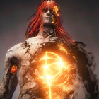 Futuristic female cyborg with red hair and glowing orange energy core on dark background