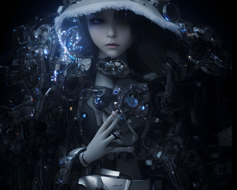Female-Looking Android in Futuristic Mechanical Suit with Robotic Arms