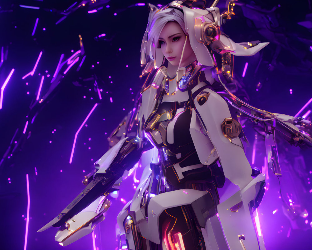 Female humanoid robot in futuristic armor on purple background with white hair