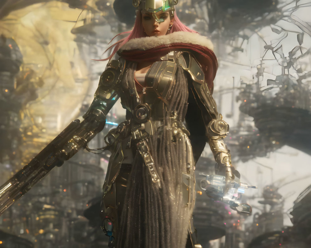 Futuristic warrior in armor with helmet and cape in front of mechanical cityscape
