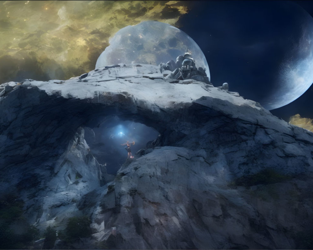 Fantastical landscape with rocky archway, glowing figure, moon, and night sky