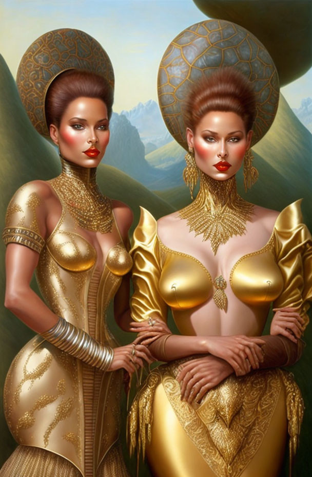 Stylized women in elegant gold armor and headdresses on surreal green landscape