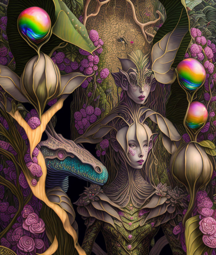 Fantastical humanoid figures with plant-like features and reptilian creature in an illustration