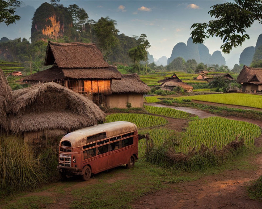 Rustic old bus in lush green rice fields with traditional houses and karst hills