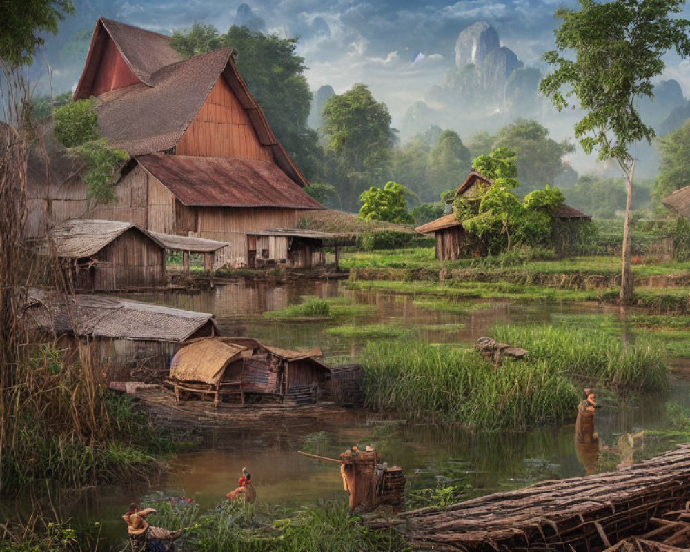 Traditional Asian rural landscape with river, farmers, and mountains