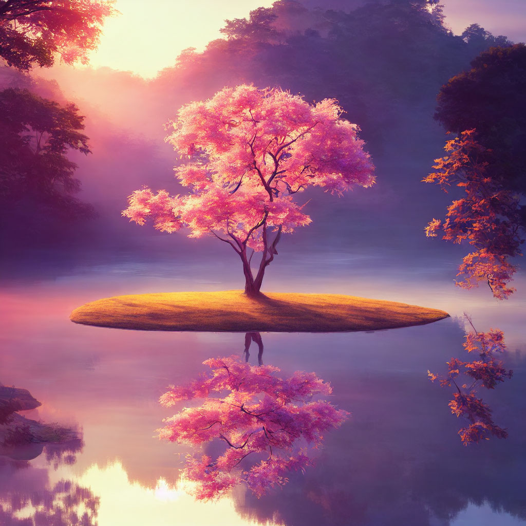 Pink Foliage Tree on Island Reflecting in Water at Sunrise or Sunset