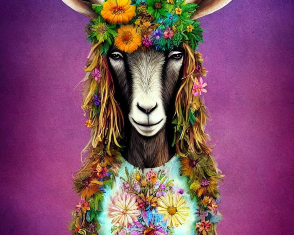 Floral Crown Goat Illustration on Purple Background