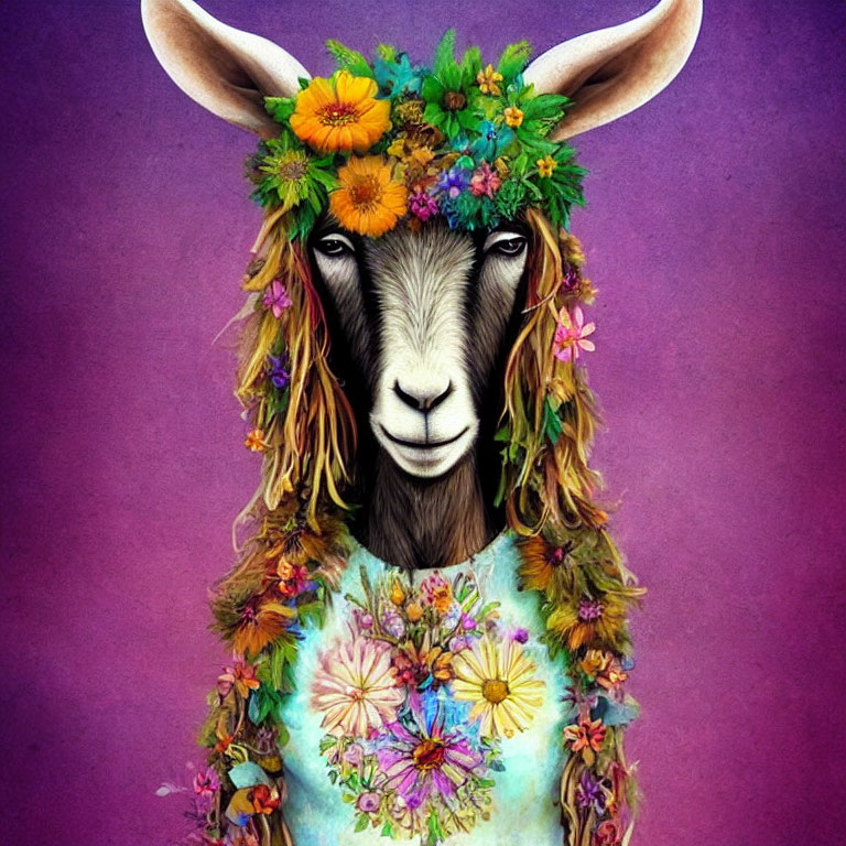 Floral Crown Goat Illustration on Purple Background
