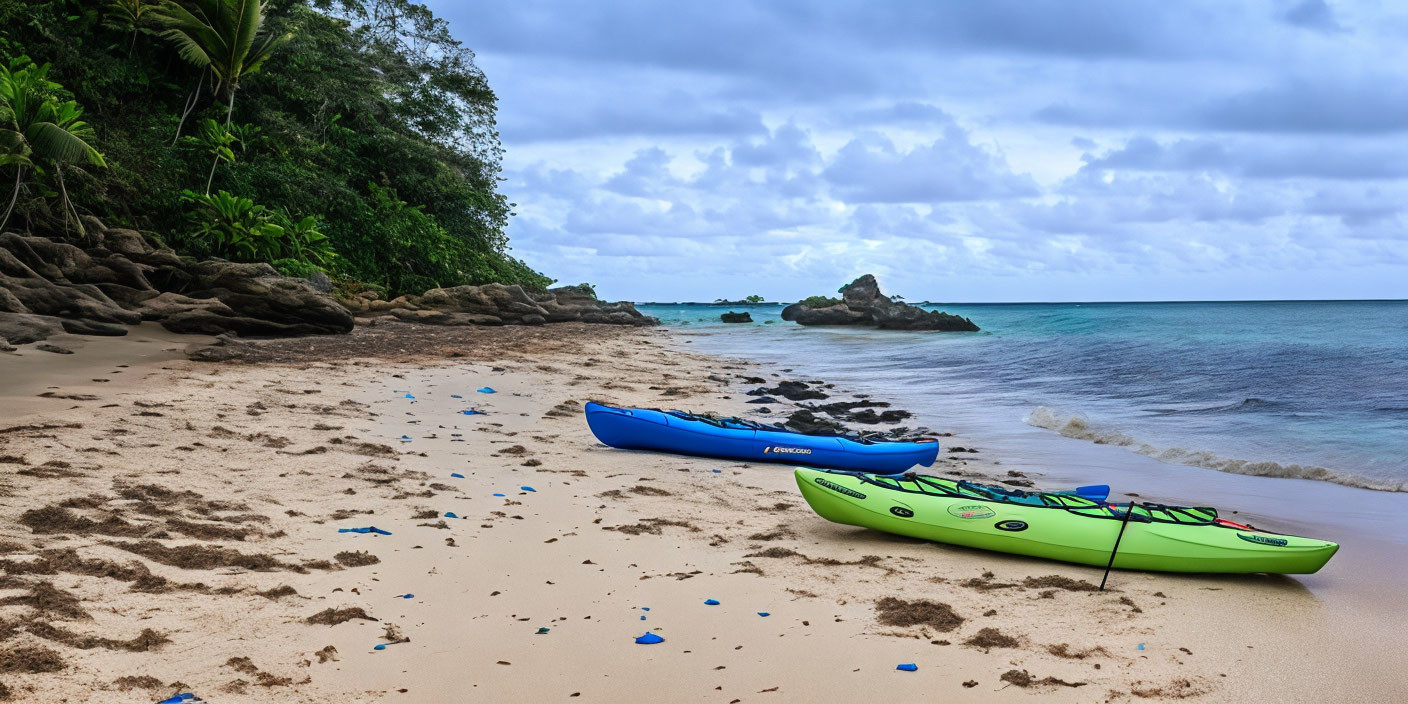 Kayaks on sandy beach with lush foliage and calm sea horizon under clouded sky
