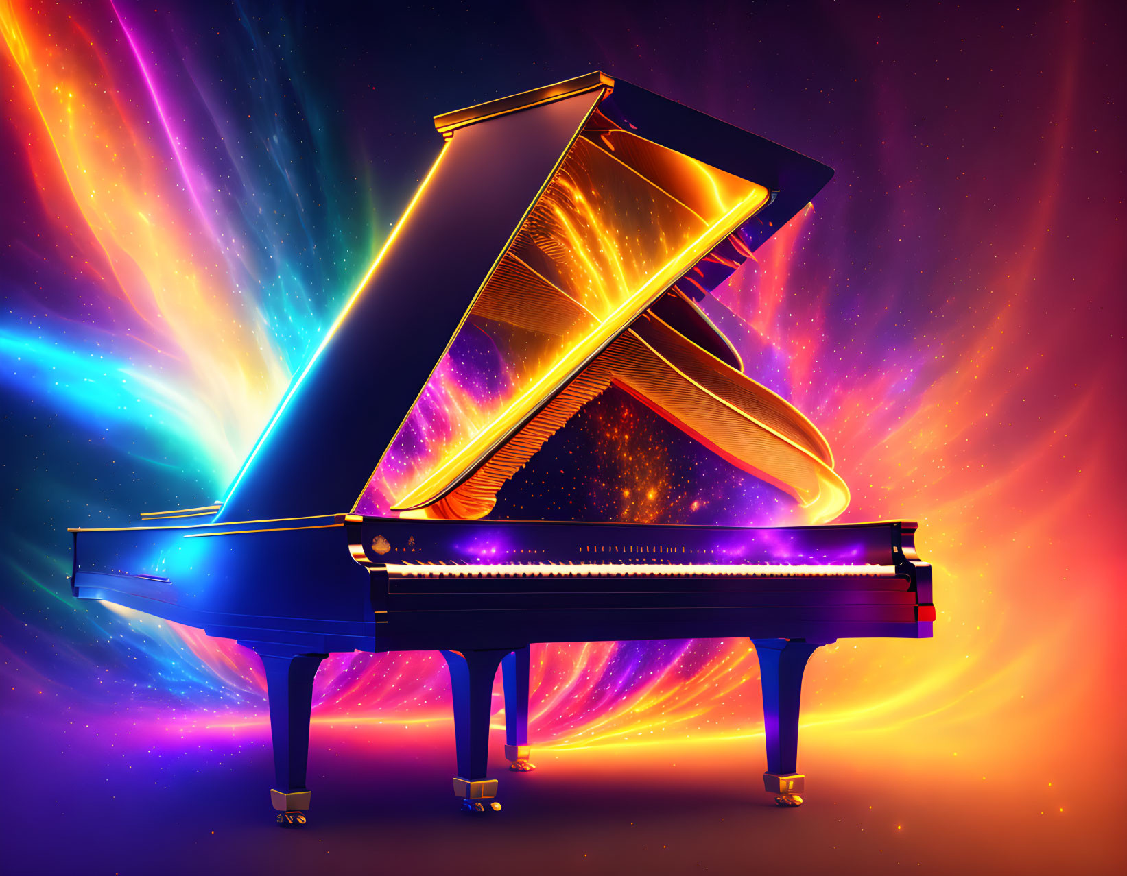 Colorful Cosmic Background with Vibrant Grand Piano