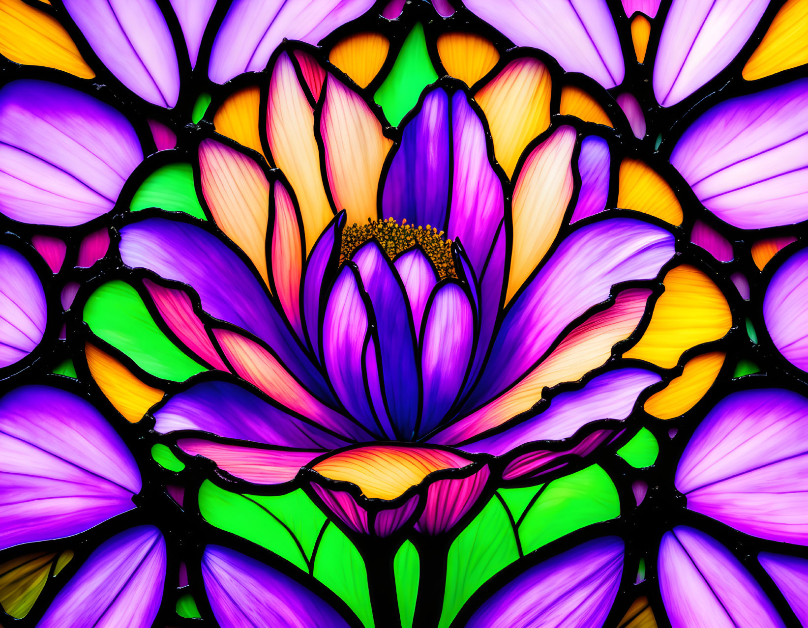 Colorful Flower Stained Glass Design in Purple, Yellow, and Pink