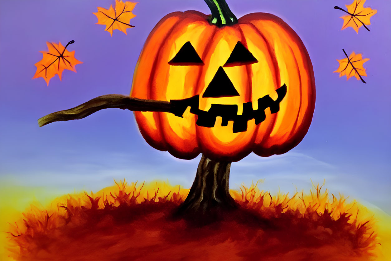 Detailed Halloween Pumpkin Illustration on Gnarled Tree Stump
