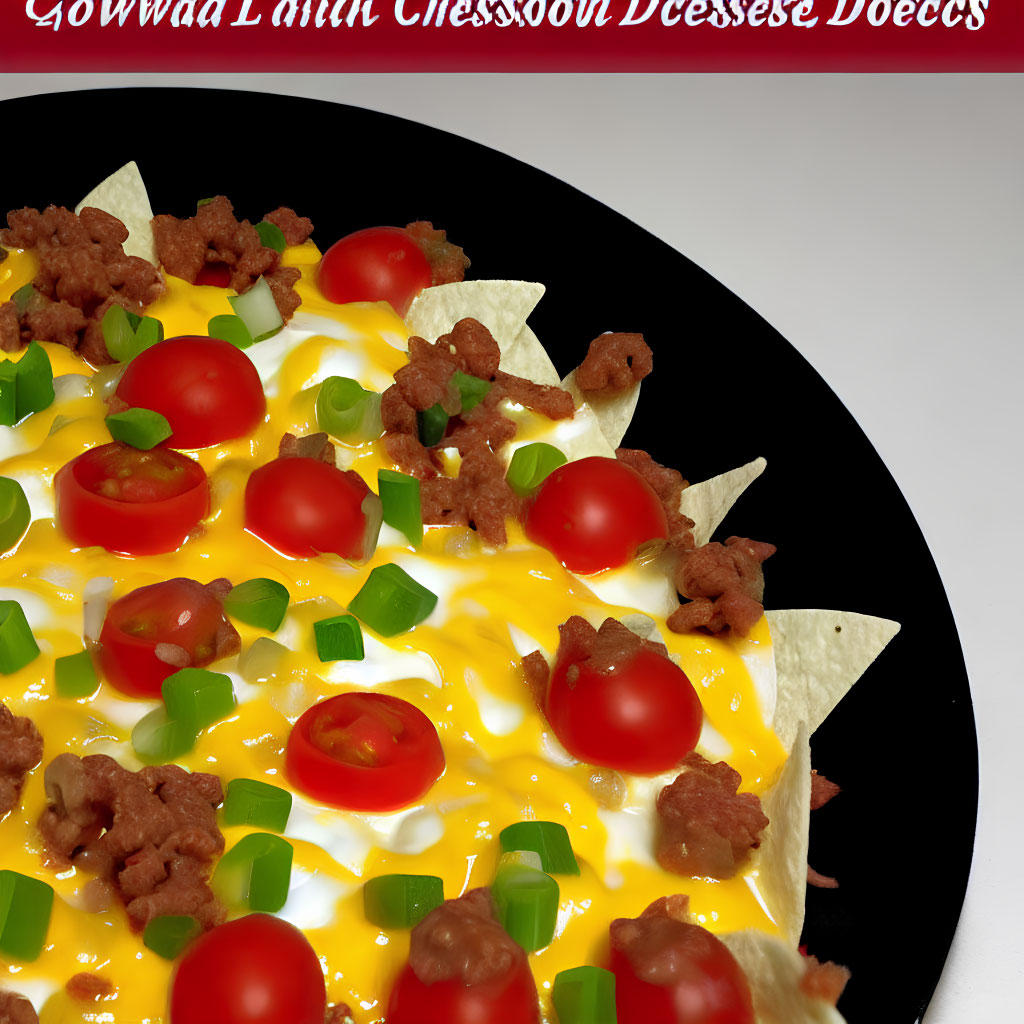 Cheesy nachos with ground meat, green onions, and cherry tomatoes