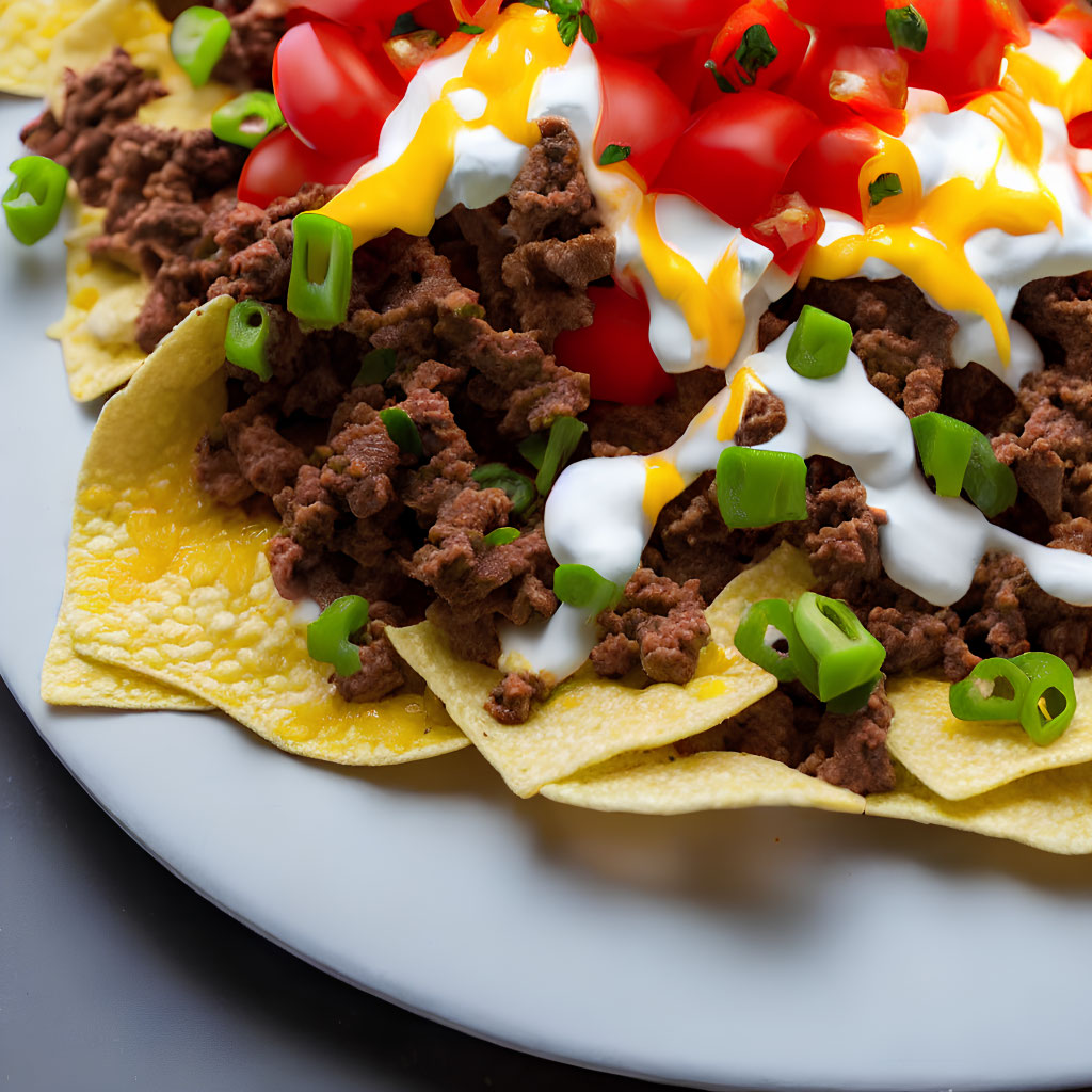 Nachos with Seasoned Ground Beef, Melted Cheese, Tomatoes, Sour Cream, and