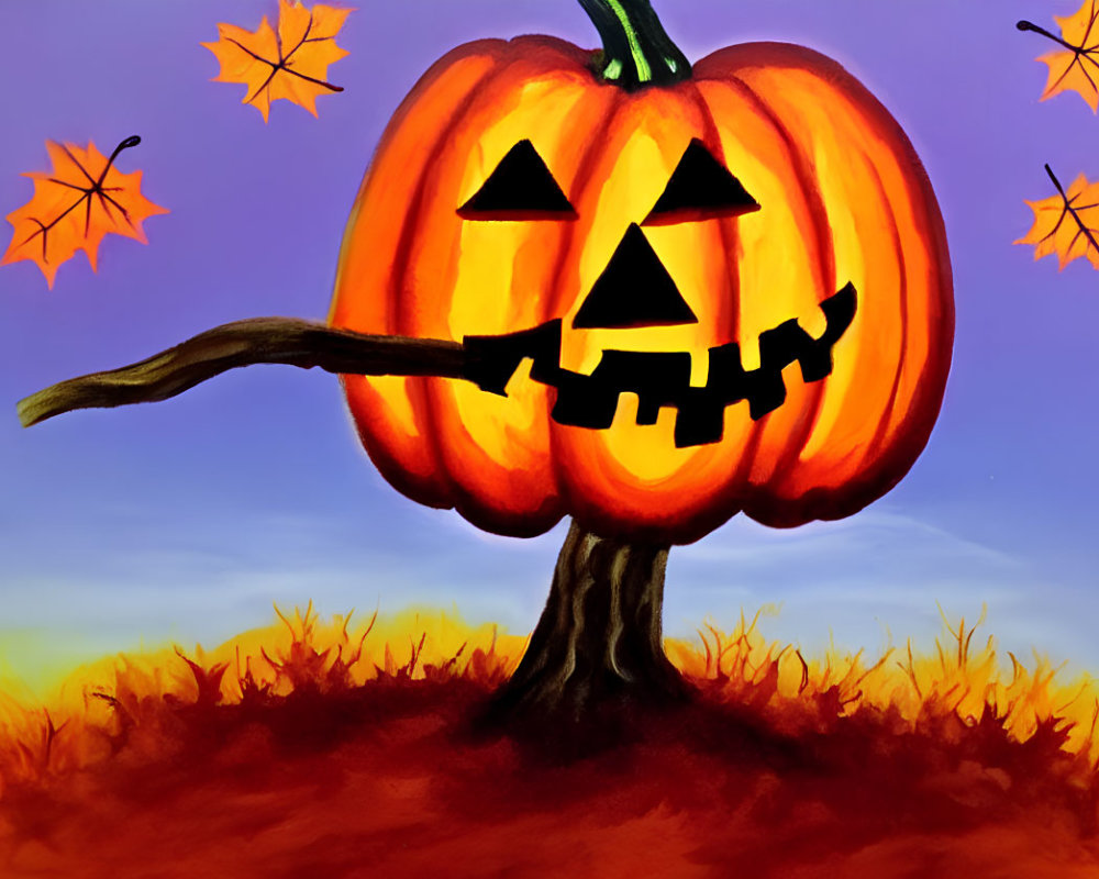 Detailed Halloween Pumpkin Illustration on Gnarled Tree Stump