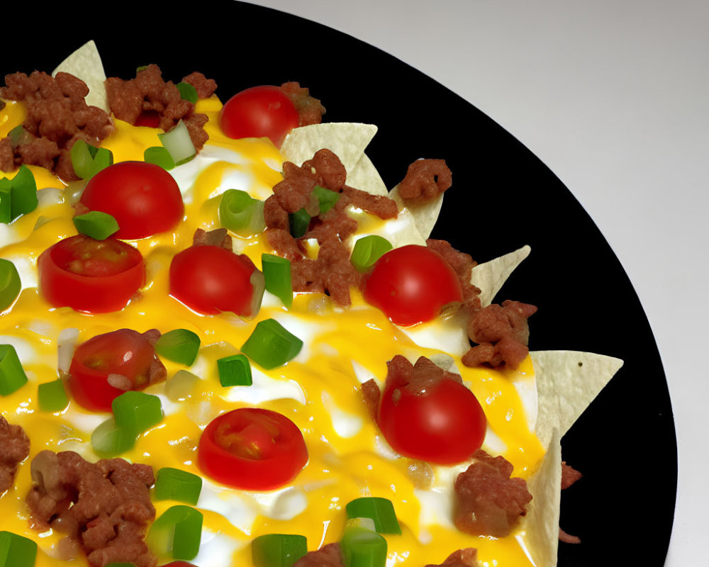 Cheesy nachos with ground meat, green onions, and cherry tomatoes
