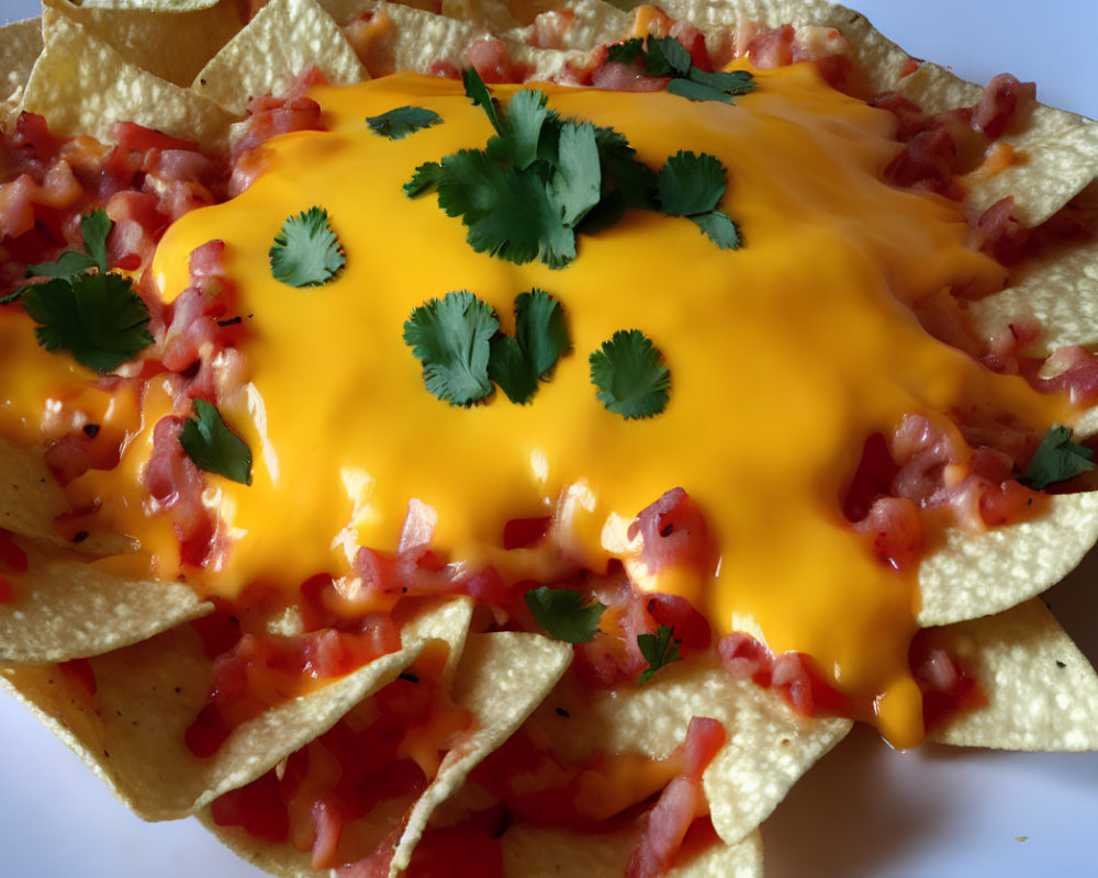 Plate of Nachos with Melted Cheese, Tomatoes, and Cilantro