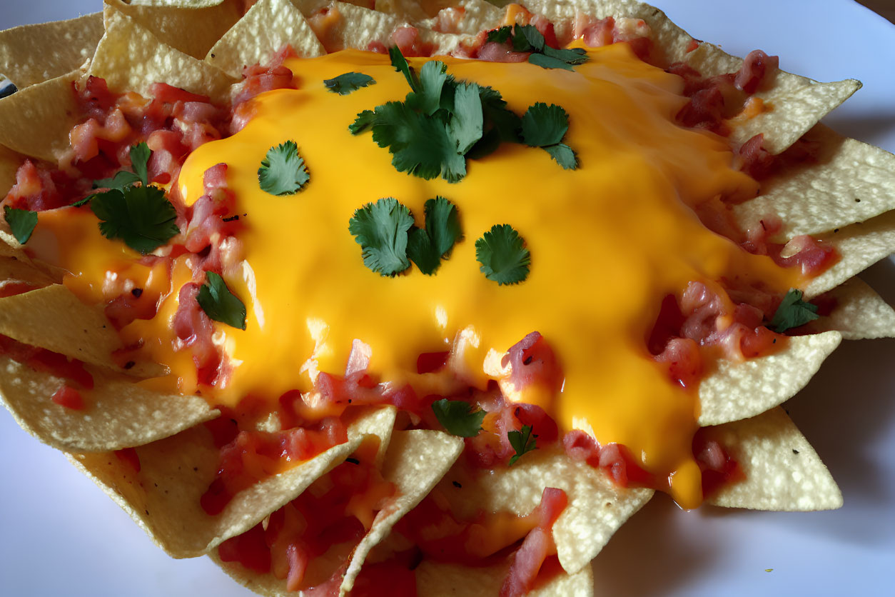 Plate of Nachos with Melted Cheese, Tomatoes, and Cilantro