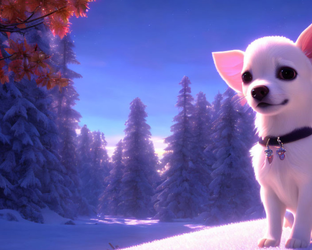 Small White Dog on Snowy Hill at Twilight with Pink Sky