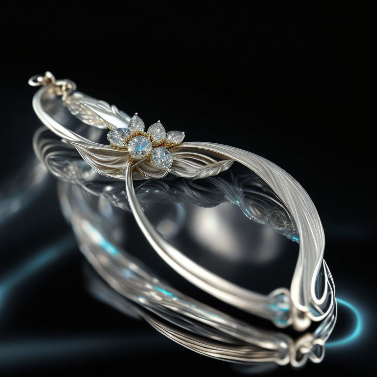 Silver Floral Design Gemstone Bracelet on Reflective Black Surface