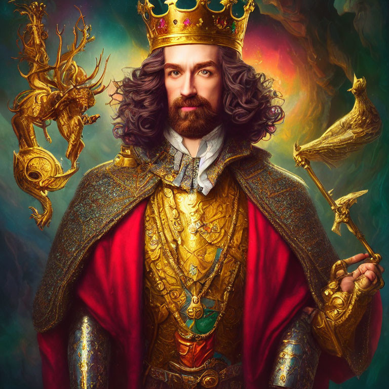 Regal portrait of a man as a king with golden crown and scepter, surrounded by mystical animals