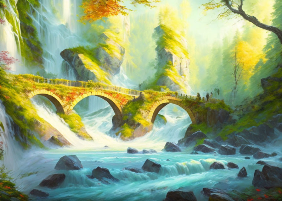 Stone arched bridge over rushing river with lush waterfall and verdant trees