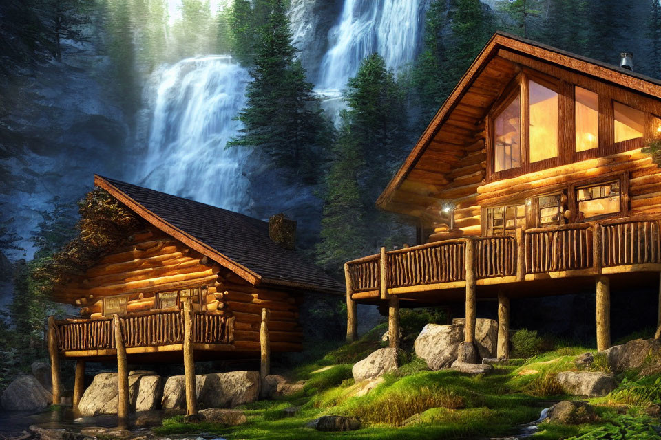 Rustic log cabin near waterfall in forest landscape at dusk