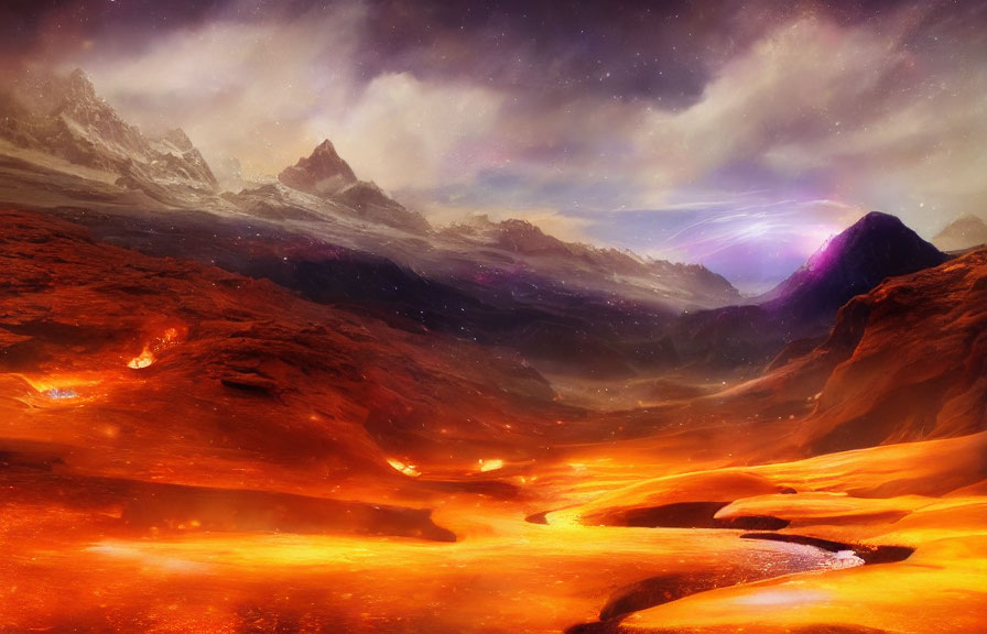 Fantastical Landscape with Lava Rivers and Nebulae Sky